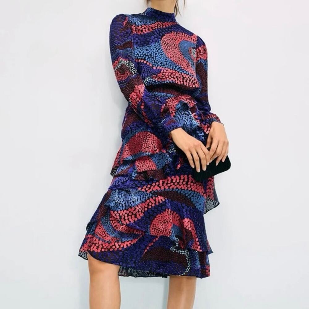 Saloni Blue Isa Ruffle midi Dress long sleeve Size 8
